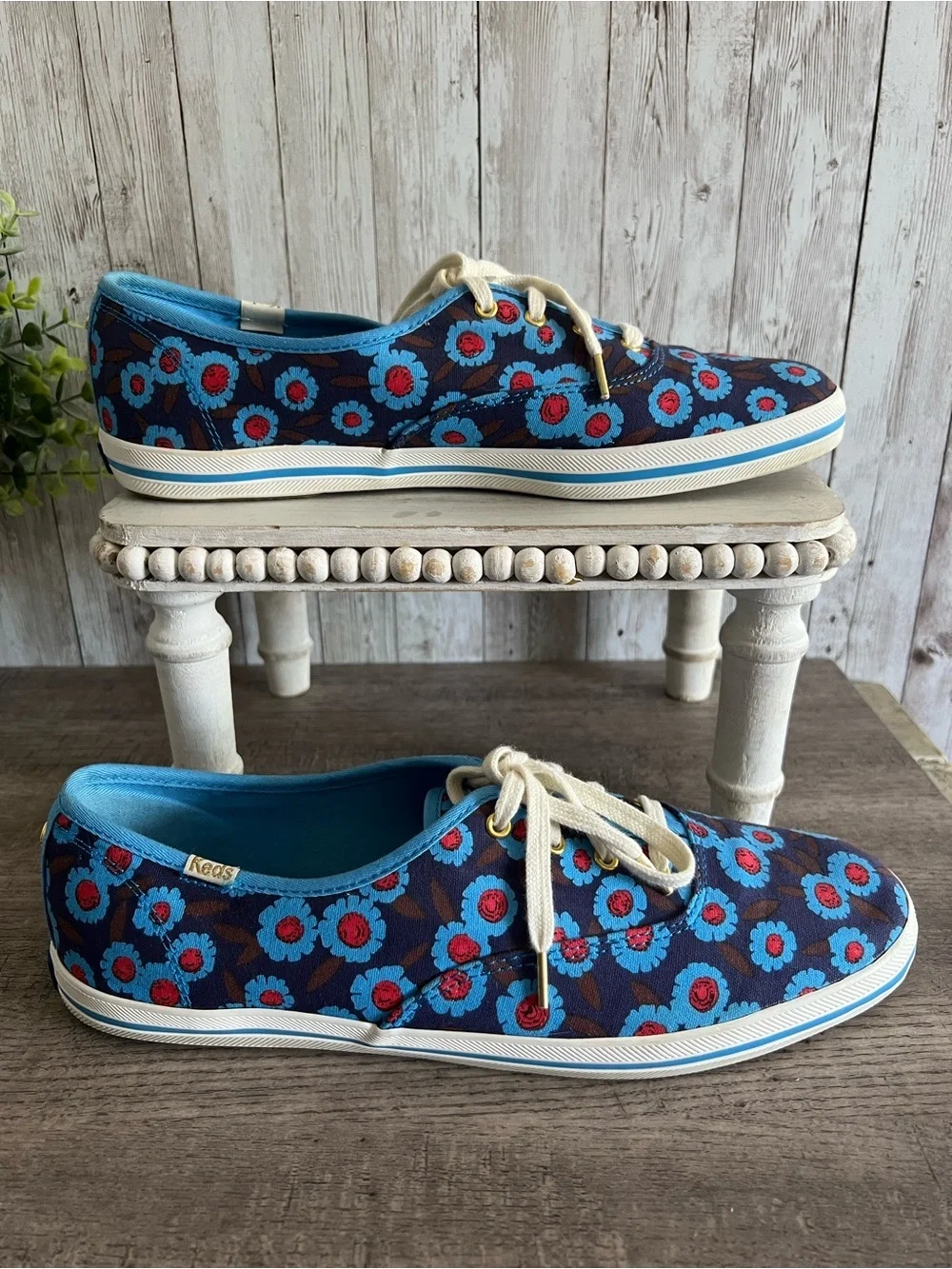 Keds Kate Spade Blue Peacock Floral Low Top Lace Up Sneakers Preppy W 10
